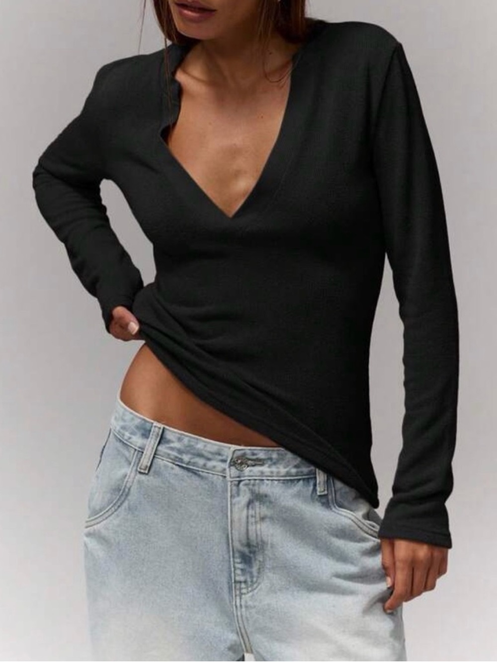 NEW Women's Black Deep V-Neck Long Sleeve Top